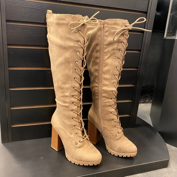 Taupe Lace Up Heeled Boots - Picture 2 of 7